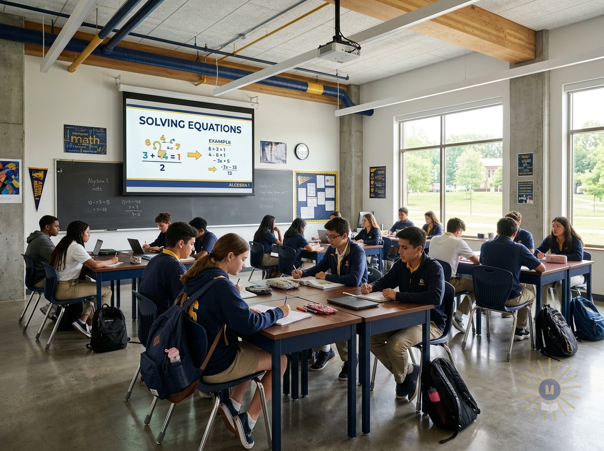 Students in a modern classroom with an MEG lesson slide projected at the front