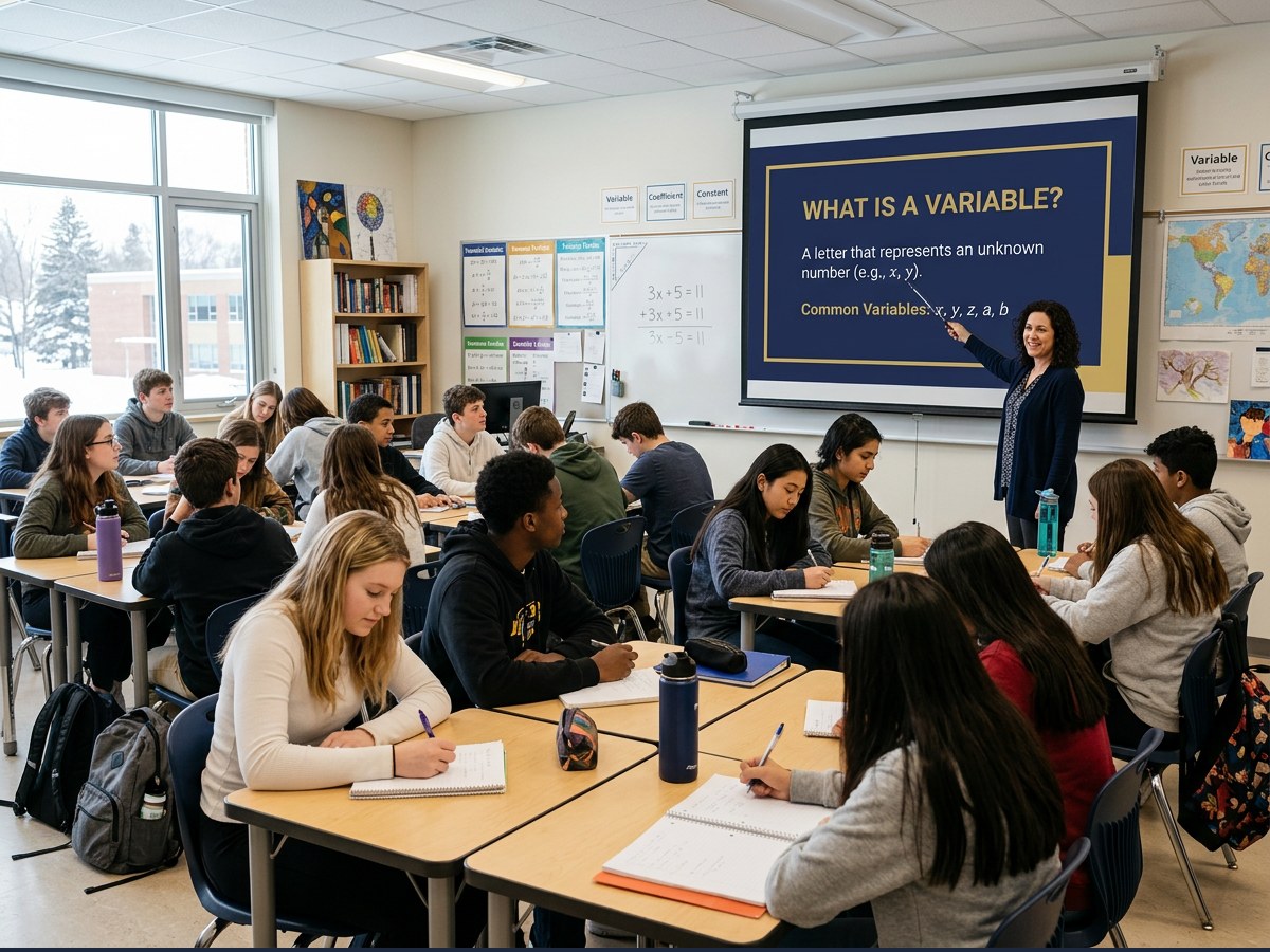 High school students engaged with an MEG lesson slide projected at the front of the classroom