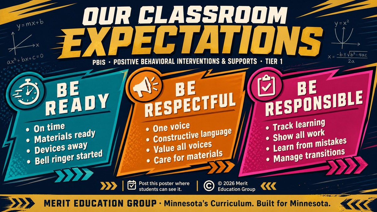MEG PBIS classroom expectations poster: Be Ready, Be Respectful, Be Responsible