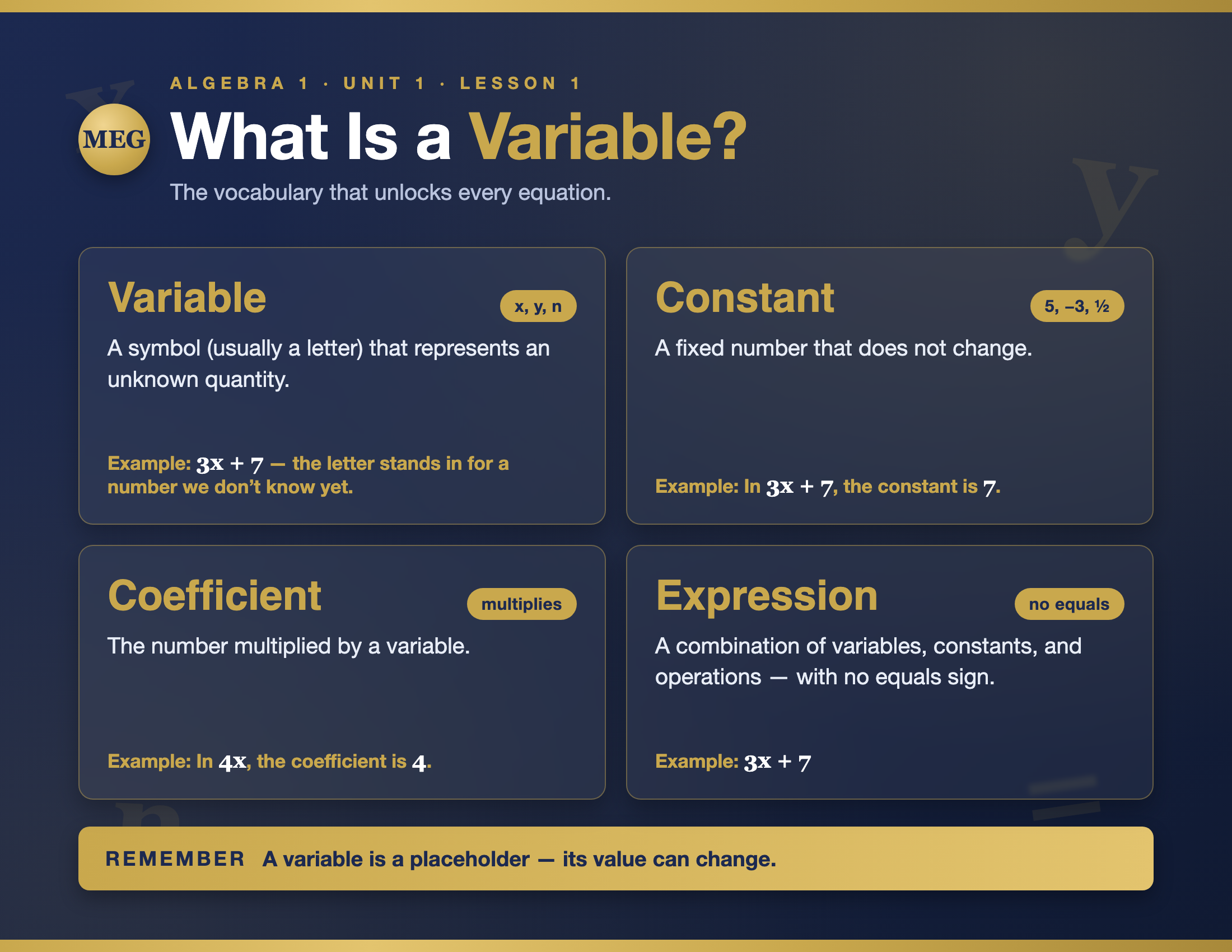 MEG classroom vocabulary poster — What Is a Variable?