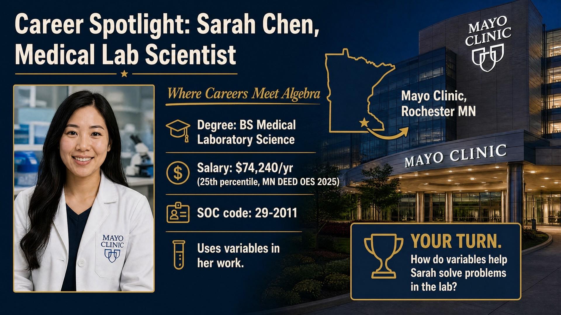 Career spotlight slide — Medical Lab Scientist at Mayo Clinic with real MN DEED salary data, from the actual MEG lesson deck